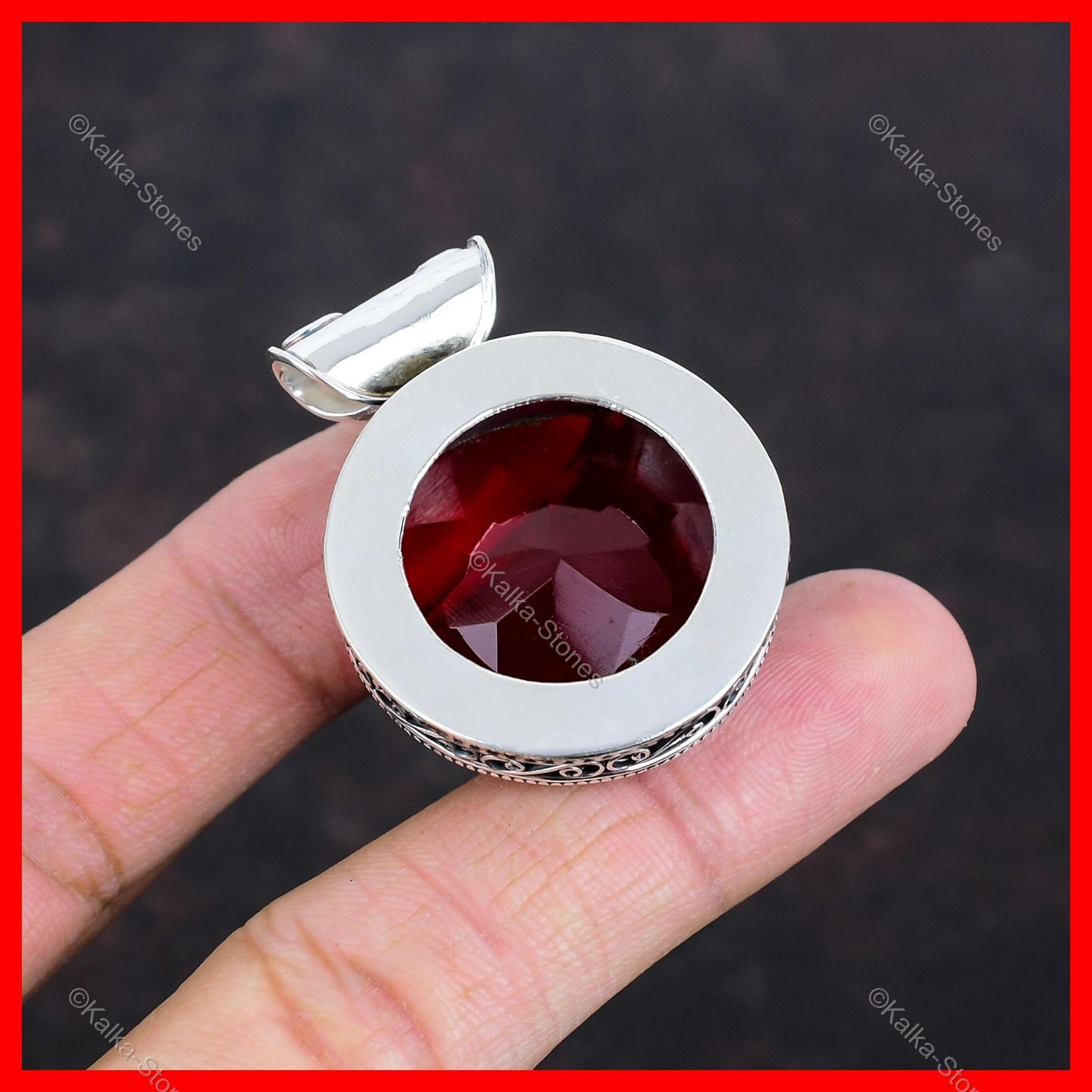 Valentines Deal Natural Mozambique Garnet Sterling Silver Vintage Bezel Pendant