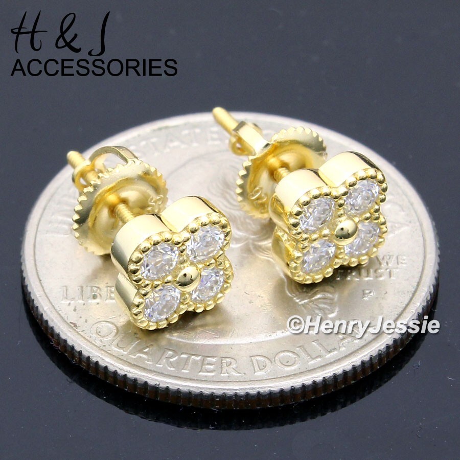 925 STERLING SILVER ICY MOISSANITE FLORAL CLUSTER GOLD PLATED STUD EARRING*ME280
