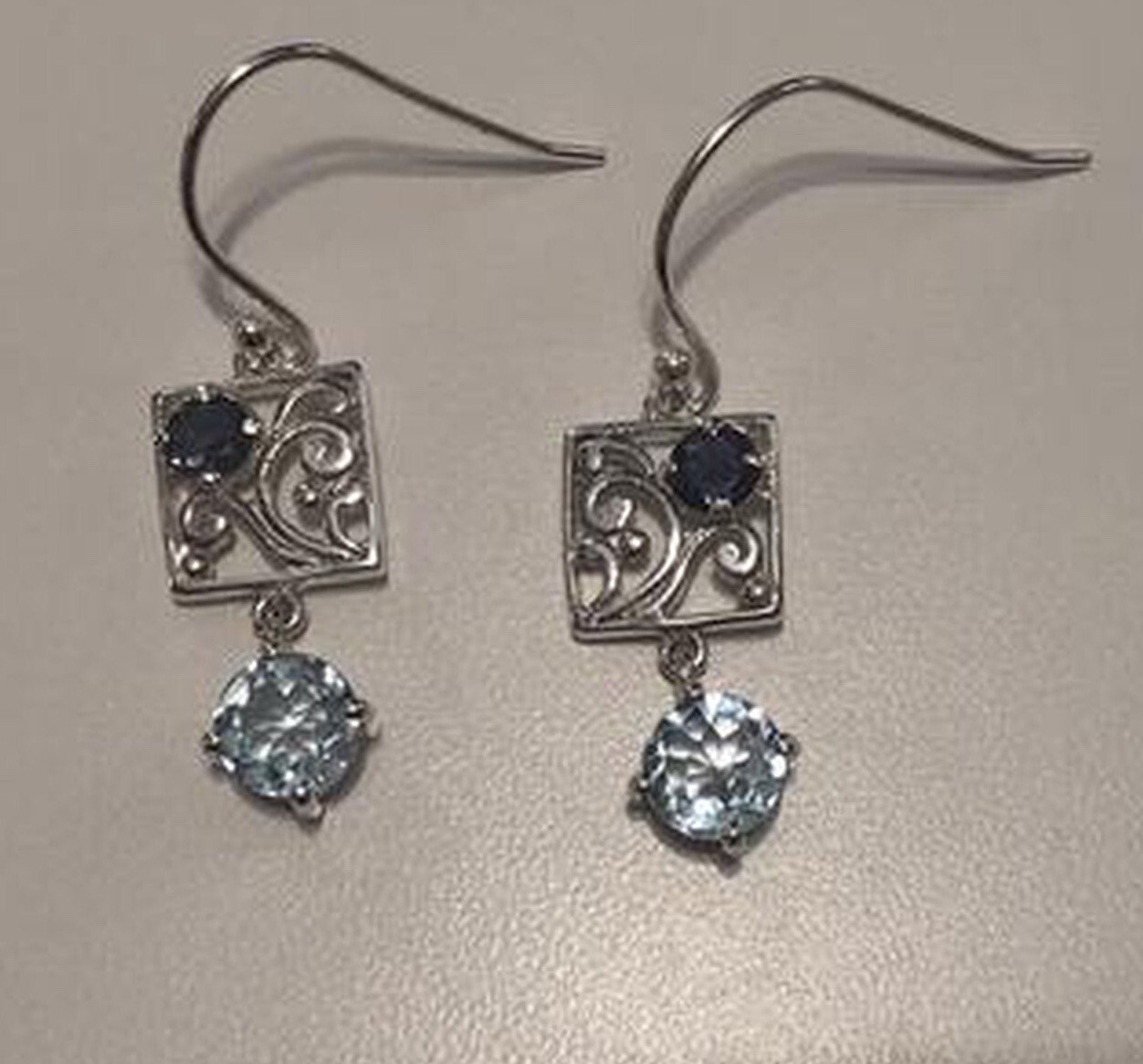 Iolite & Blue Topaz Art Deco Earrings, Sterling Silver, New