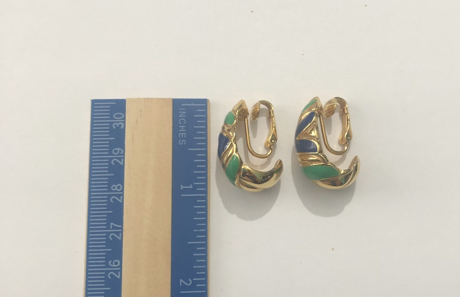 Vintage Blue Green Gold Clip On Earrings Costume Jewelry