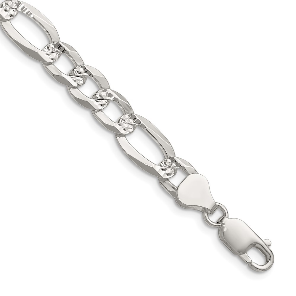Sterling Silver 8.0mm Flat Diamond-Cut Pave Figaro Chain Necklace