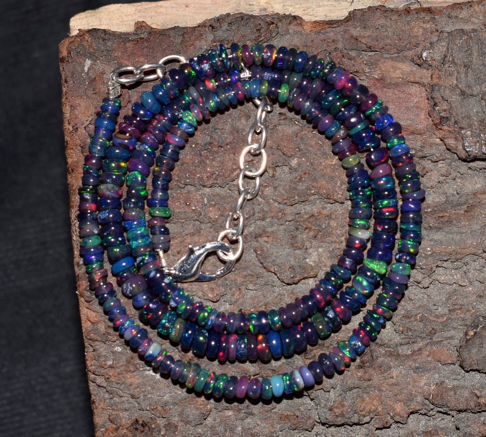 Opal Beads Necklace Natural Ethiopian Black Opal Gemstone Beads 16″Necklace