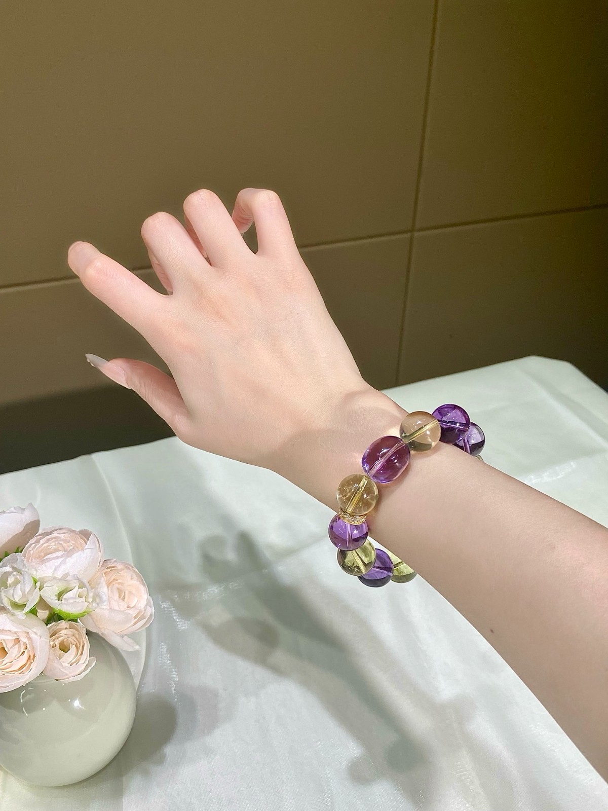LUSA FEELA Natural Amethyst Citrine Crystal Beaded Stretch Bracelet Gift Box