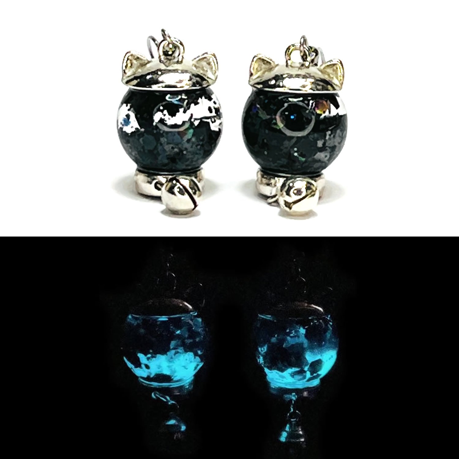 Black Cat Crystal Ball Glow in the Dark Glass Water Globe Earrings