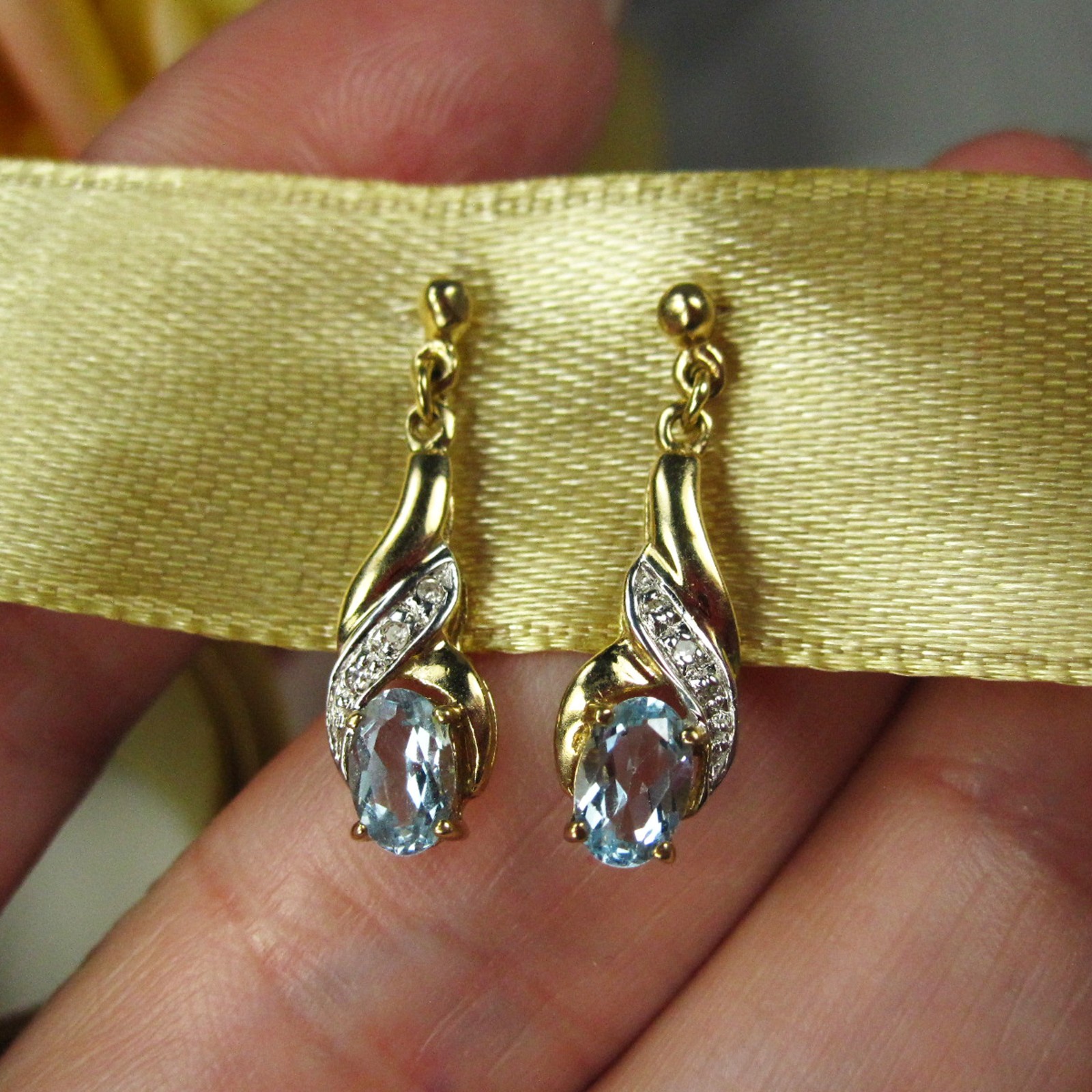 Vintage 9kt Yellow Gold Drop & Dangle Earrings with Blue Topaz and Diamonds