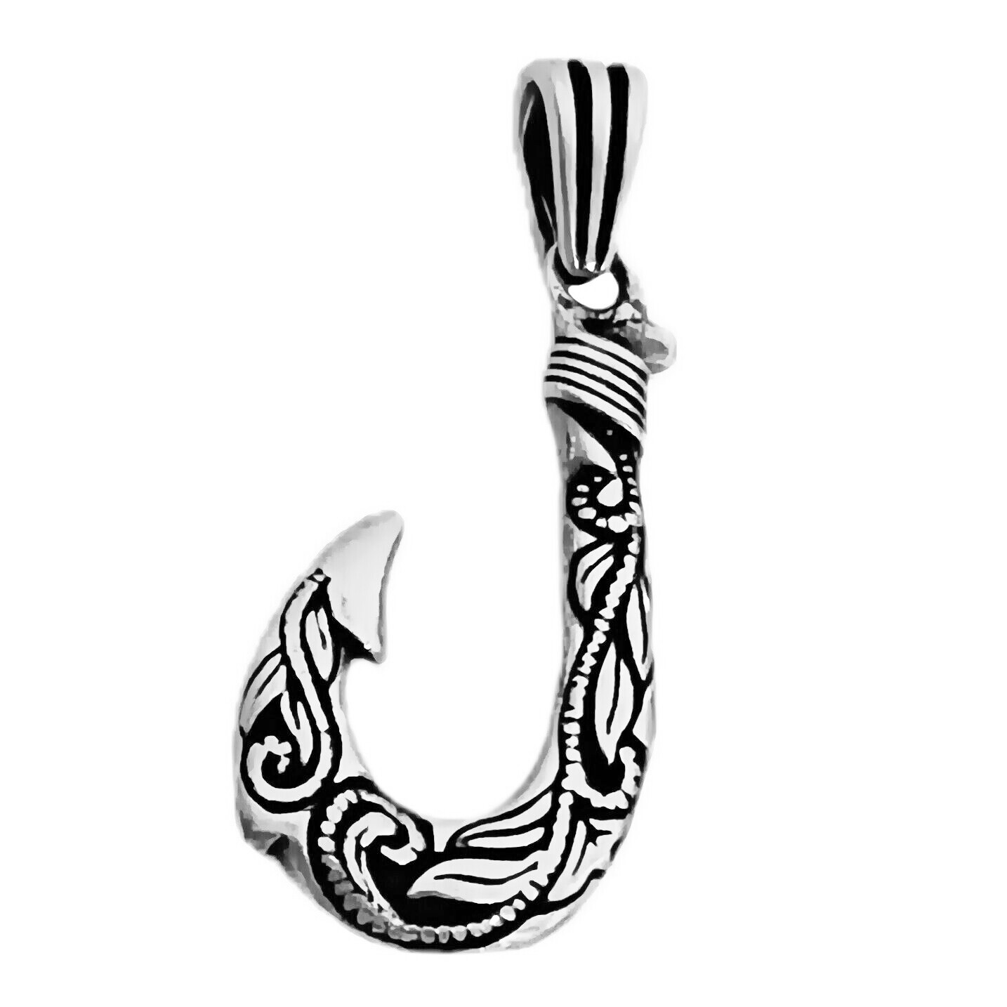 Real 925 Sterling Silver Hawaiian Fishing Fish Hook Tribal Scroll Makau Pendant
