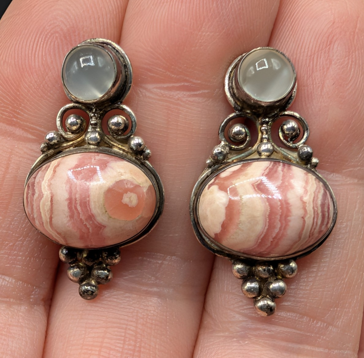 Sterling Silver Sajen Moonstone and Rhodochrosite Stud Earrings