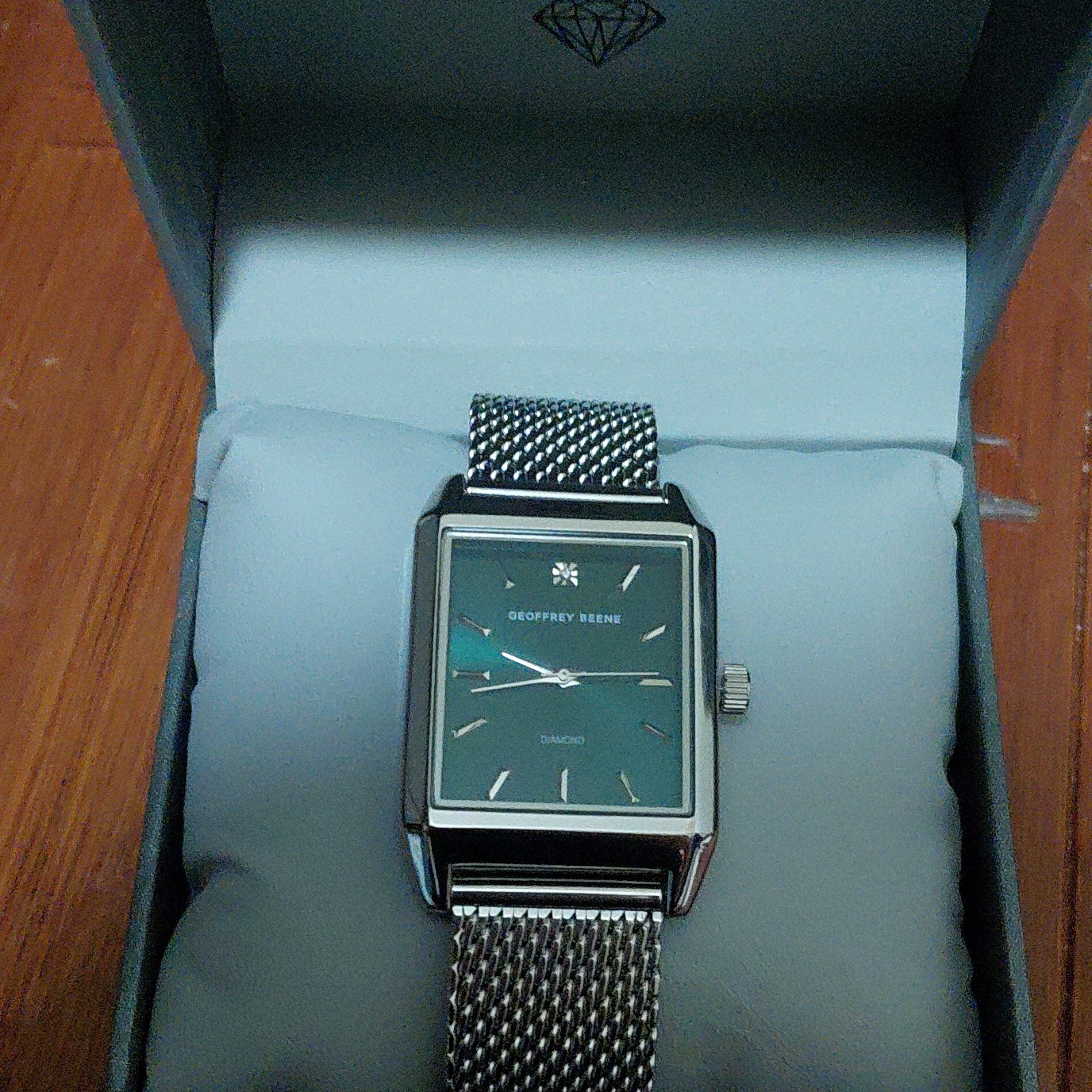 Geoffrey Beene Square Diamond Accent Black Dial Silver Mesh Band Wristwatch