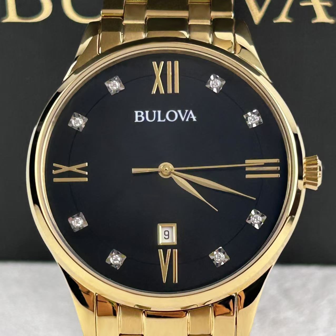Bulova 97D108 Diamond Black Dial Gold Bracelet Classic Men’s Quartz Watch 40mm