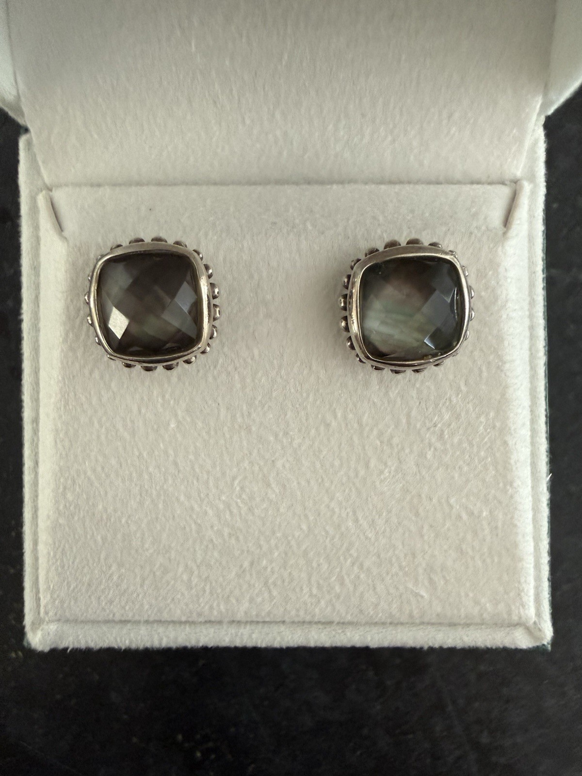 Lagos 925 Sterling Silver Gray Cushion Stud Earrings Bezel Butterfly Signed