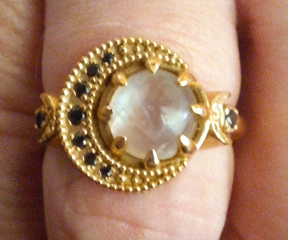 Solid 14K Yellow Gold Moonstone Black Diamond Crescent Phases of the Moon Ring