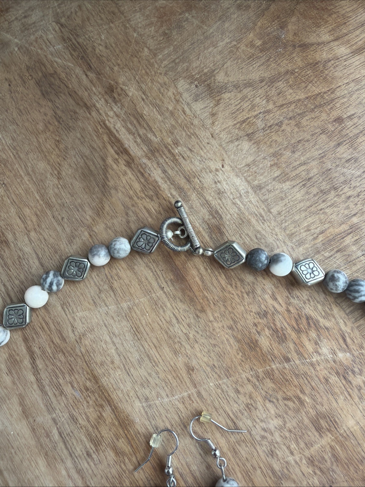 Stone And Bead Necklace And Earring Set Silver, Light Pink And Gray
