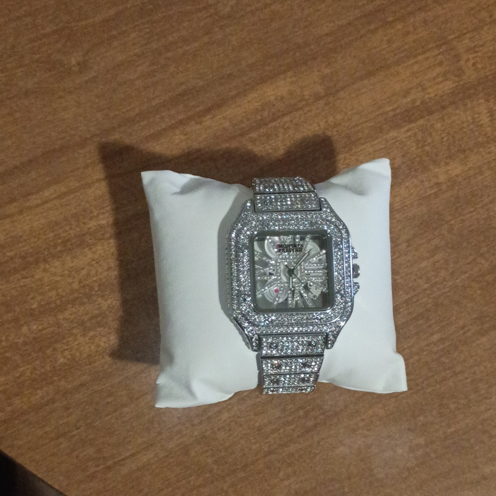 Square Analog Wristwatch Roman Numerals Rhinestone Bezel Silver Bracelet Box