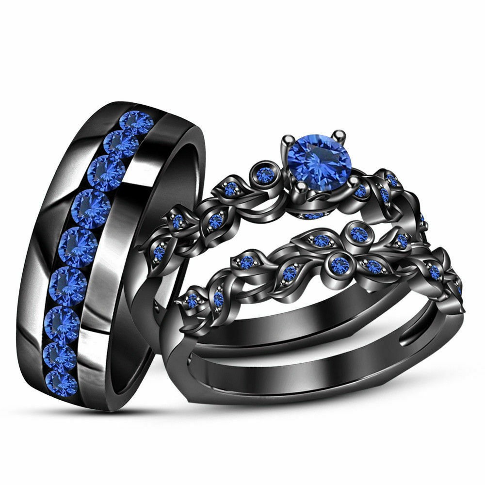 14K Black Gold Over Lab Created Blue Sapphire His-Her Trio Engagement Ring Set