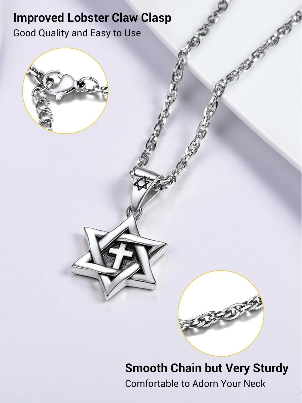 Star Of David Necklace For Men Jewish Jewelry Stainless Steel Cross Pendant C…