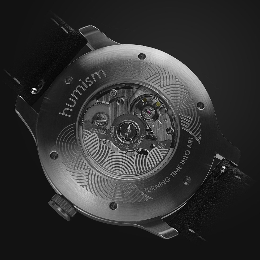Humism Hwan Automatic Steel Sapphire White Black Leather 3D Unisex Watch