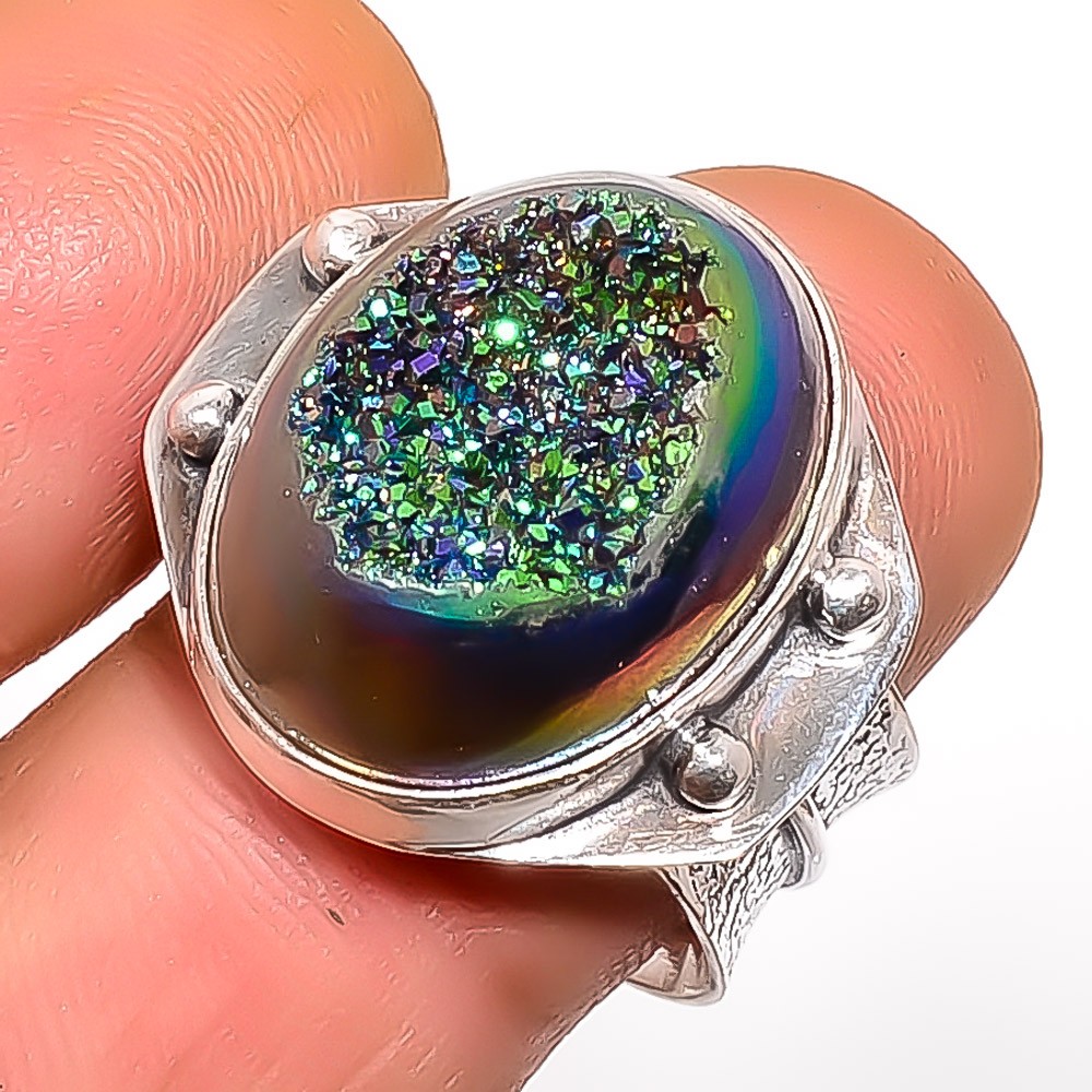 Titanium Peacock Agate Drusy 925 Sterling Silver Artisan Ring 8 R923-78