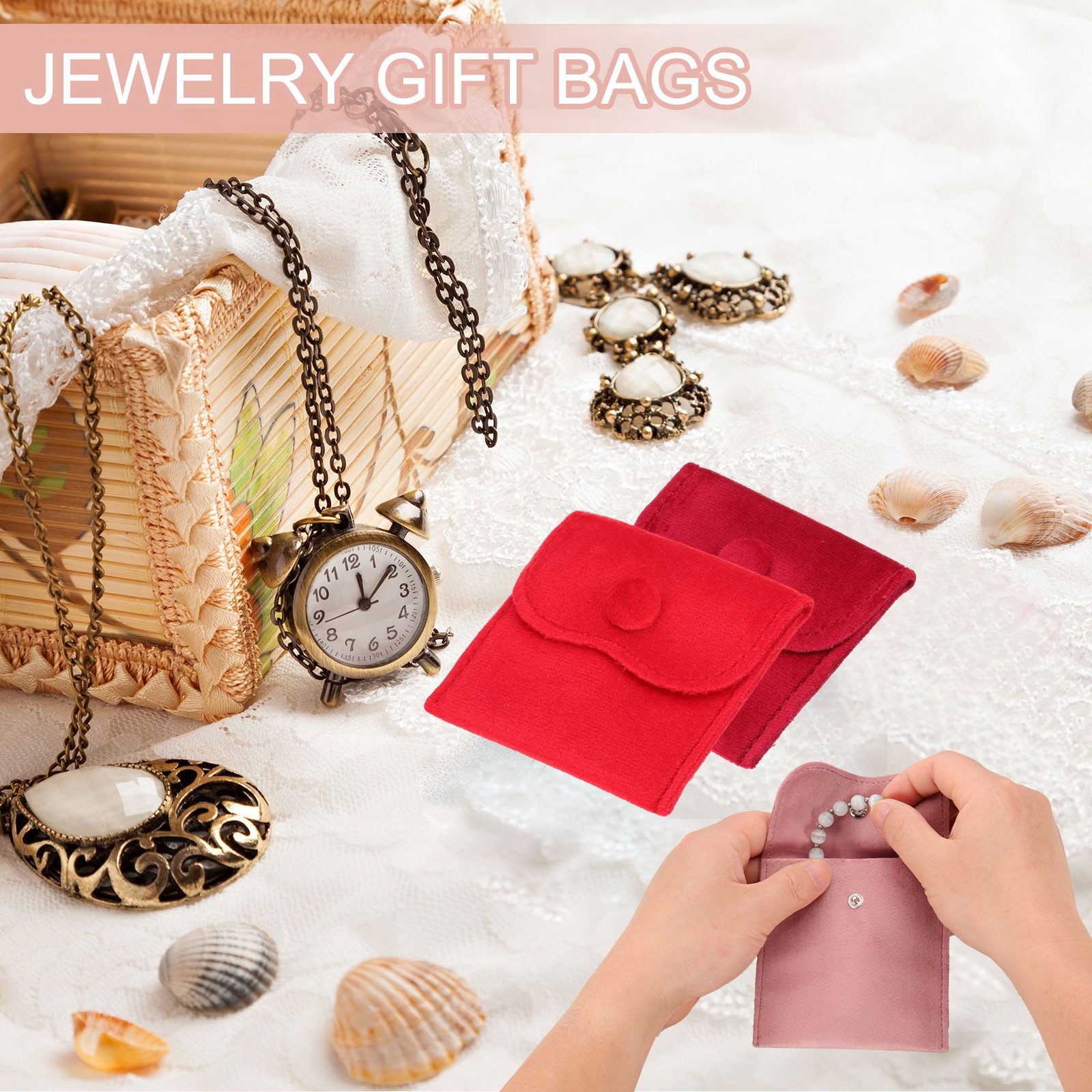 6 Pcs Velvet Jewelry Pouches Gift Bag with Snap Button (3″x3″/4″x4″/4″x5″) Pink