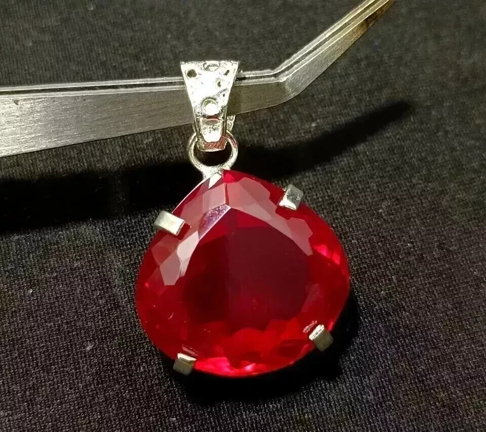 50 Ct+ Natural Burmese Heart RUBY 925 Solid Silver Pendant Certified Gemstone