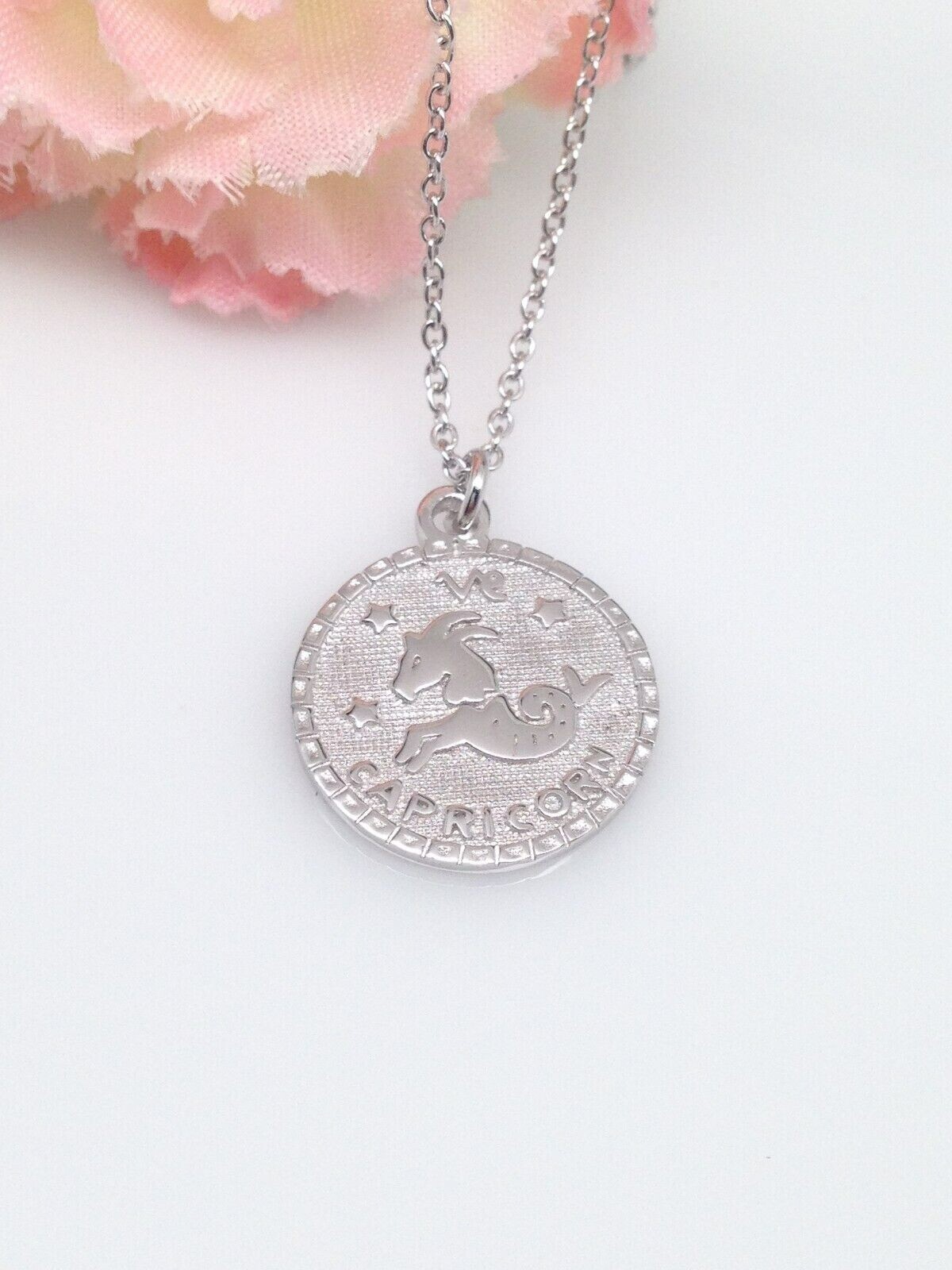 925 Sterling Silver Round Zodiac Capricorn Pendant Necklace Women 15mm 16-18″