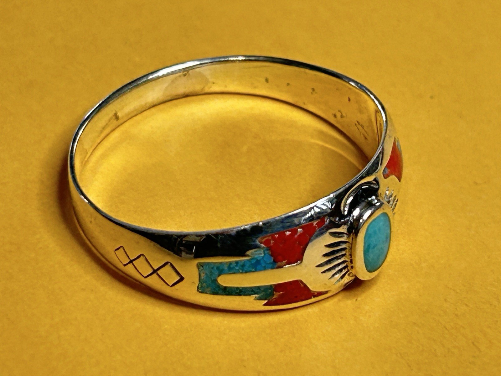 Southwest Silver Ring Native American Indian Style Turquoise with Red Coral