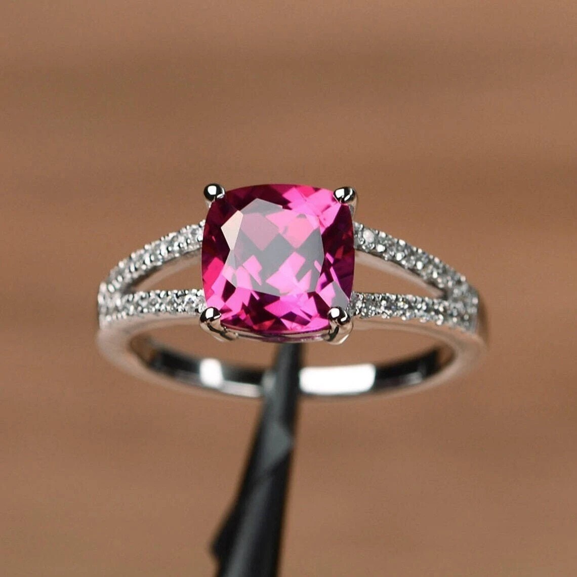 Cushion Cut Simulated Pink Ruby Engagement Band Ring In 14k White Gold Plated
