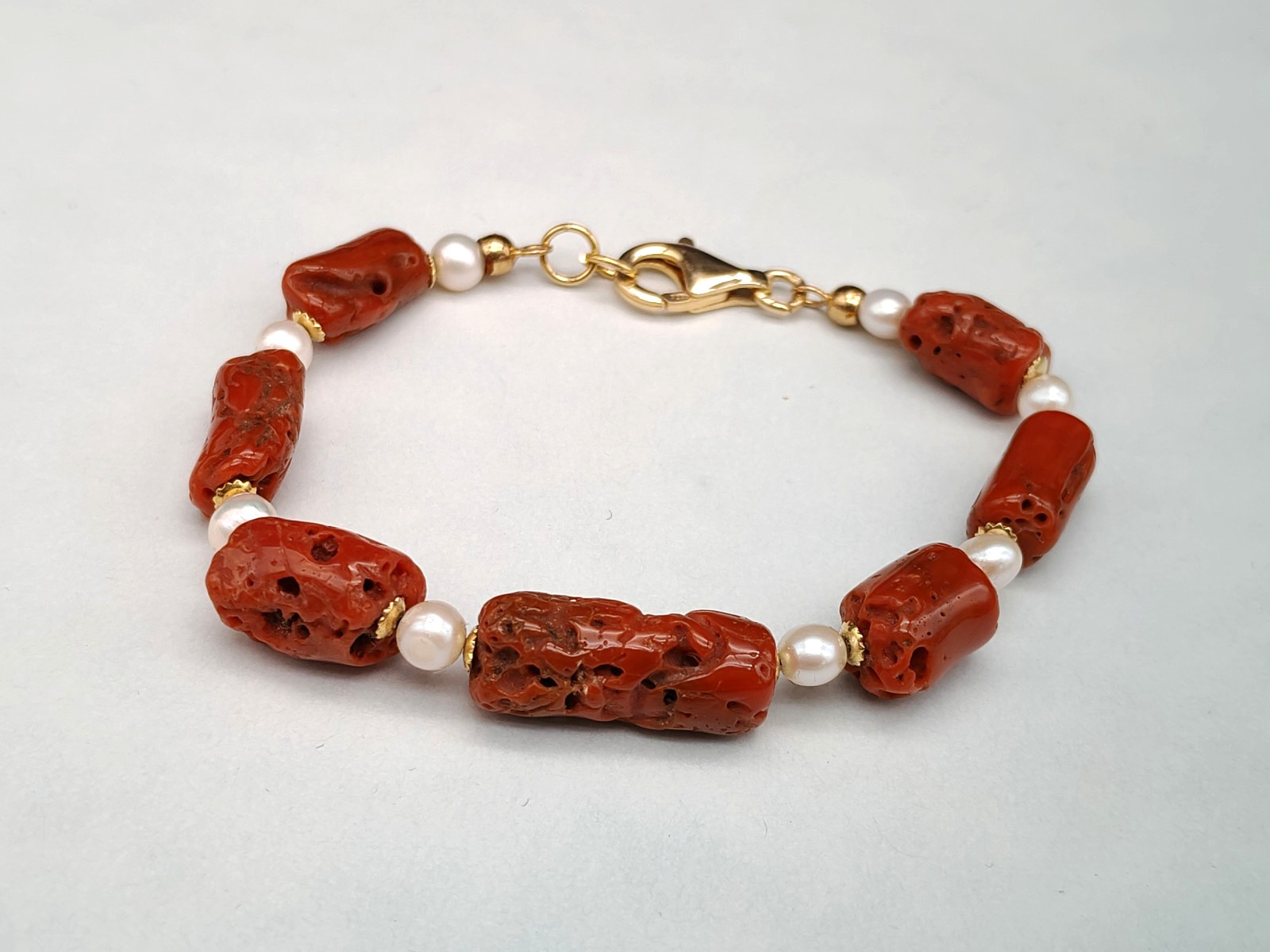 Women’s Red Coral Sardinian Bracelet Natural Real Pearl Silver 925 Gold Plac