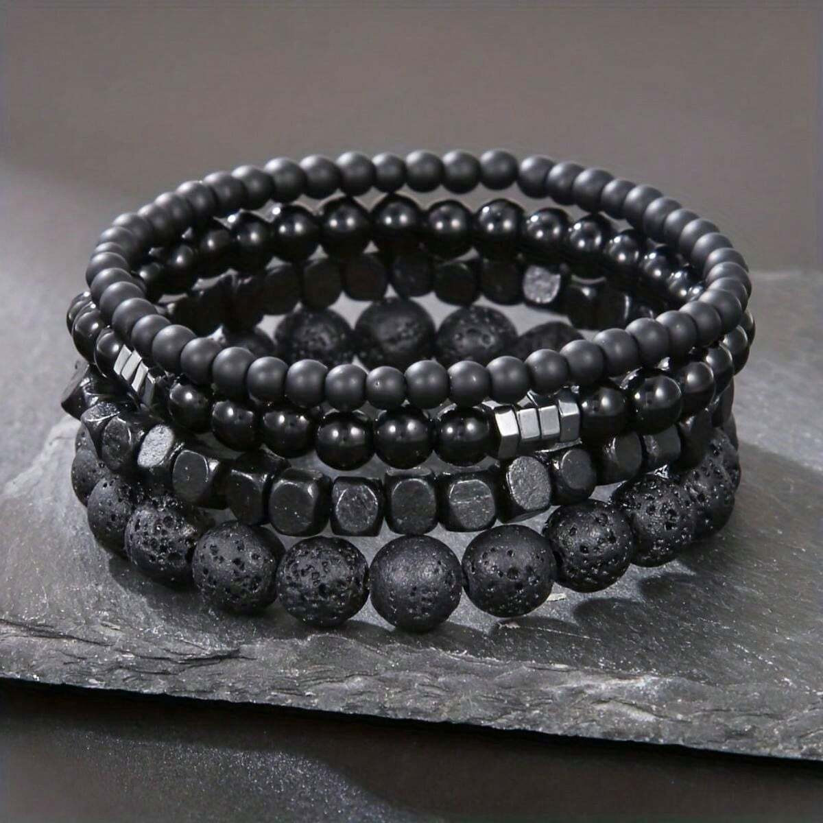 4pcs/Set Casual Style Black Lava Bead Bracelets For Daily Wear Women Men Gift US