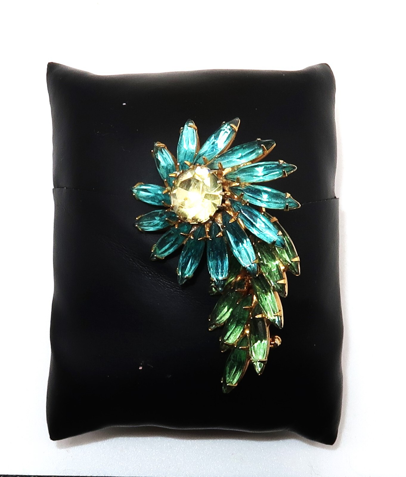 Vtg Blue Green Gold Tone Flower Rhinestone Brooch Prong Setting Fashion Jewelry