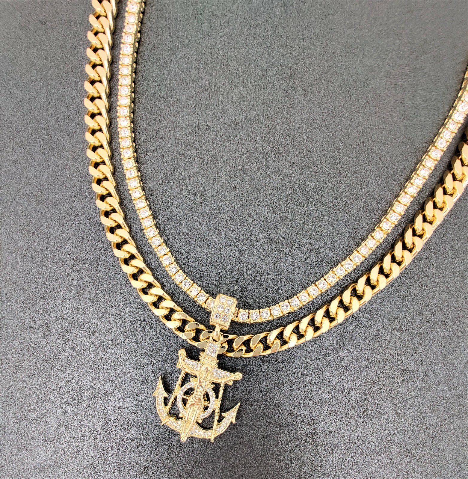 3PC, Tennis Chain & Cuban Link Necklace & Jesus Anchor Pendant Plated CZ Jewelry
