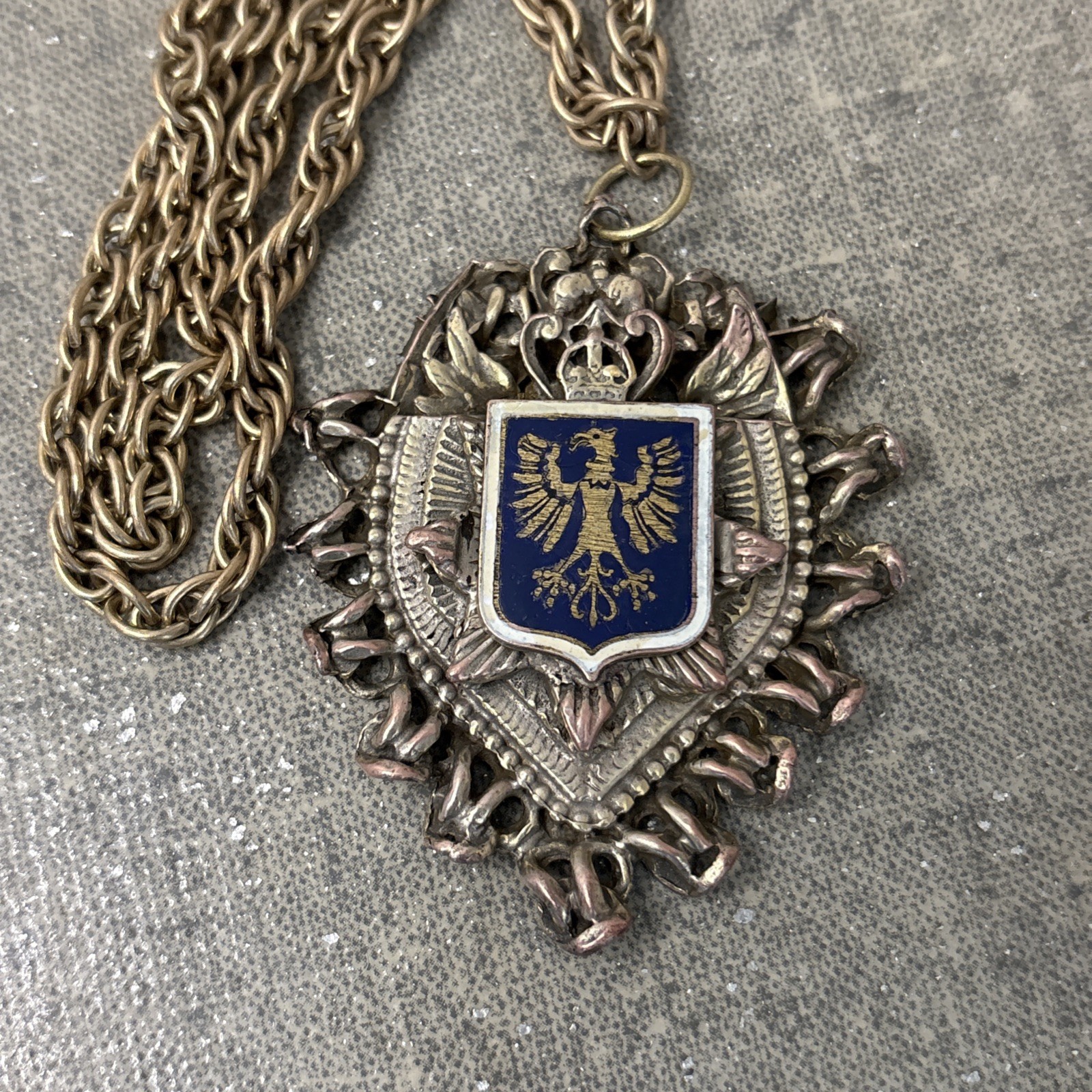 Heraldic Crest Crown Polish Eagle Pendent Necklace Gold Tone Blue Shield Vtg