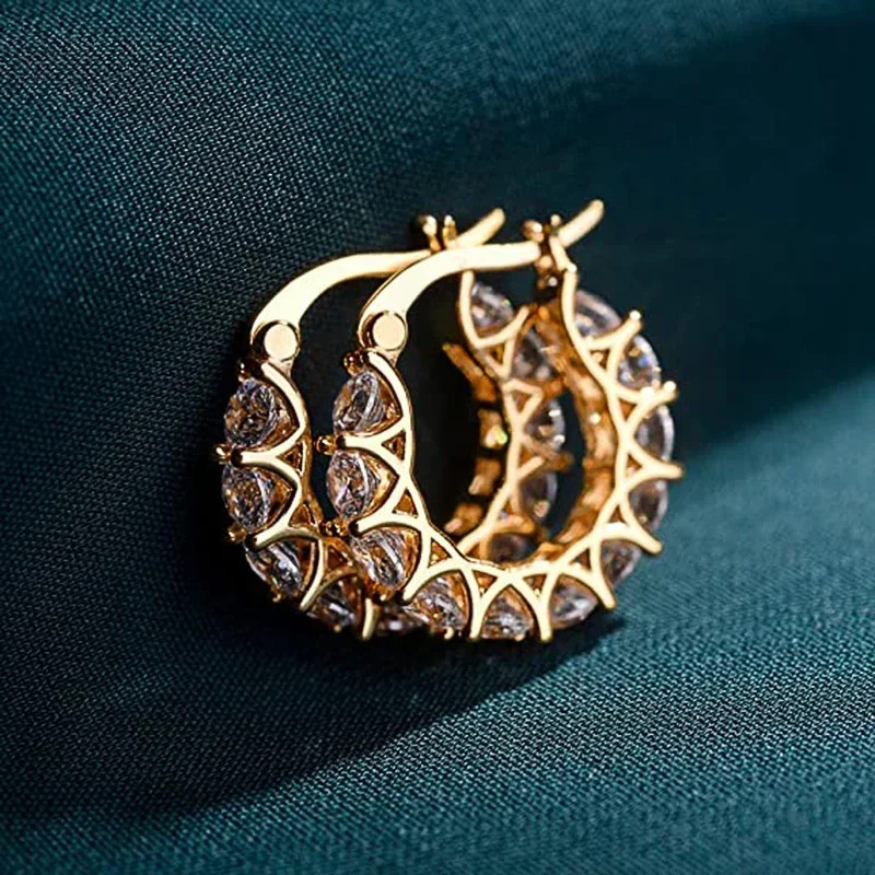 Gold Tone Round Zirconia Hoop Earrings Women Small Circle Classic Jewelry