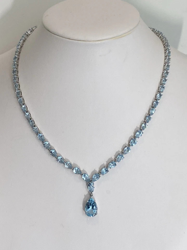 30ctw Pear Cut Sky Blue Topaz Statement 16″ Tennis Necklace White Gold Plated