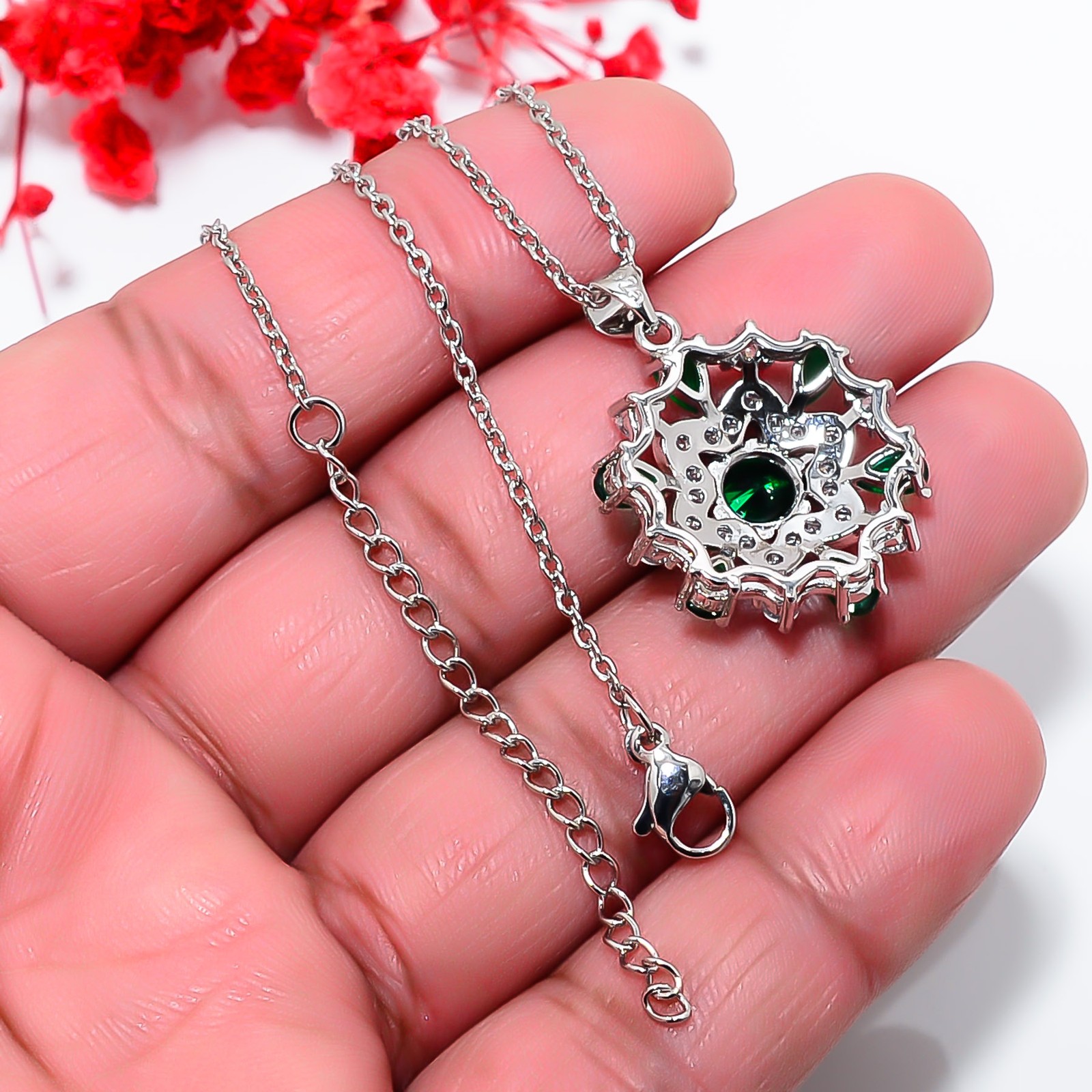 Chrome Diopside & Cz 925 Sterling Silver Floral Pendant With Chain 18-20″ CP4511
