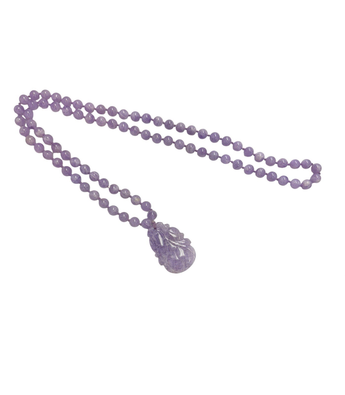 Vintage Chinoiserie Lavender Jade 8mm Bead Necklace 32” Gourd Pendant