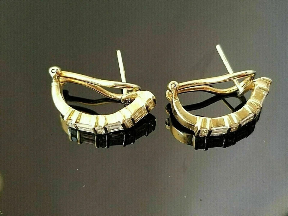 2Ct Lab Created Diamond Baguette Omega Back Hoop Earrings 14K Yellow Gold Finish