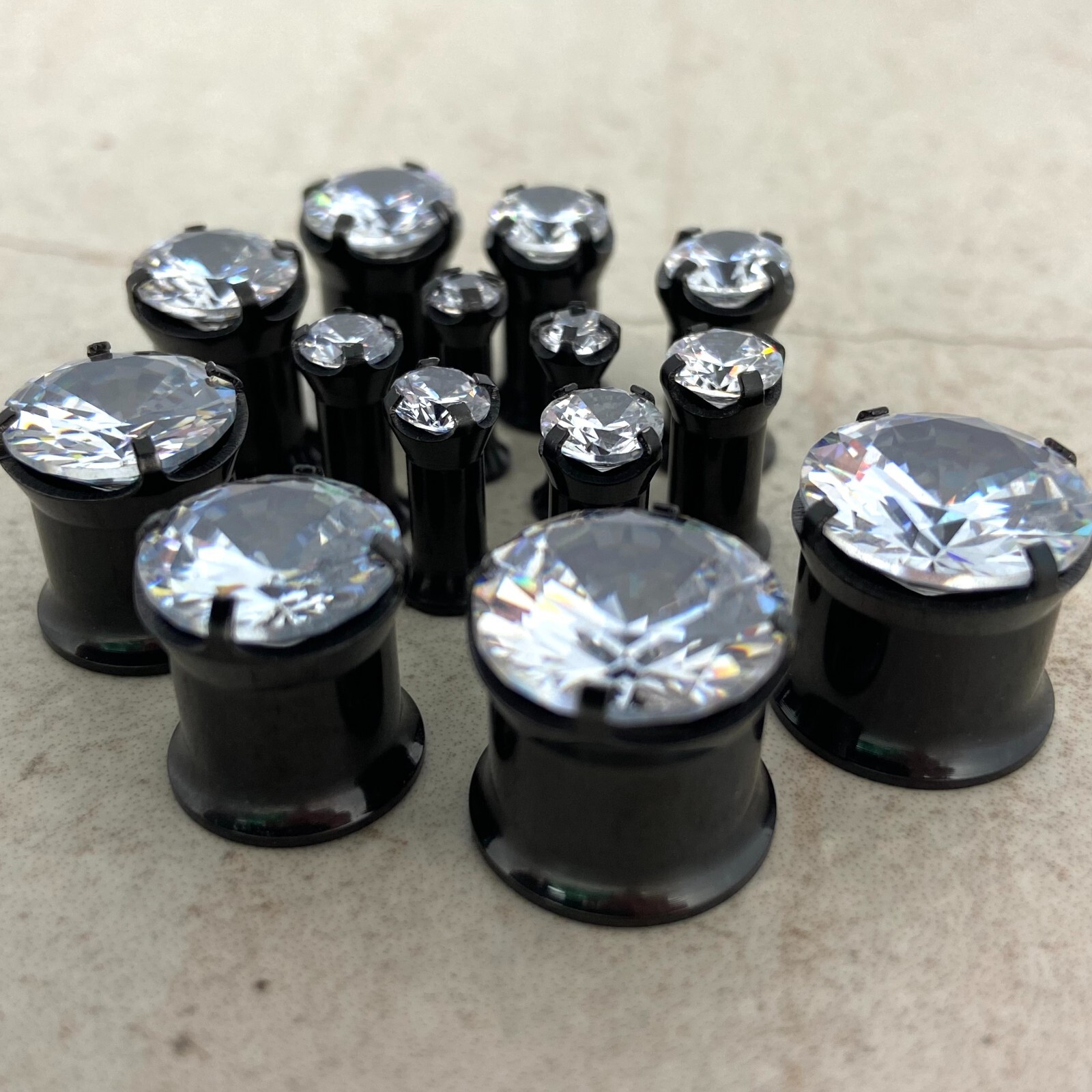 Pair 316L Black Steel Double Flare Plugs with Prong Set Clear CZ (PS-151) gauges
