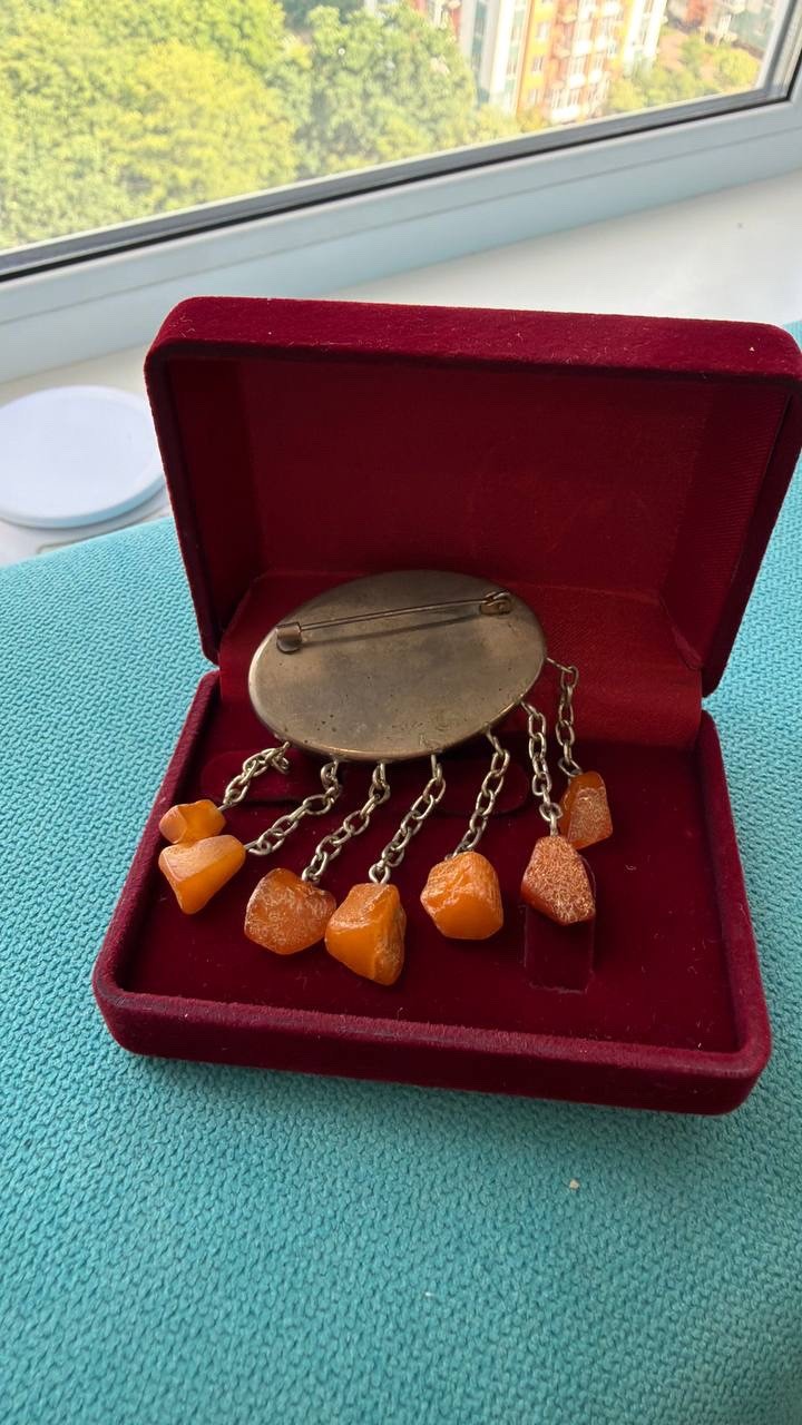 Vintage USSR Baltic Amber Mosaic Brooch Dangle Natural Amber 22g Rare