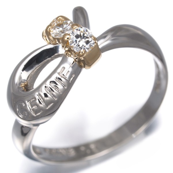 Auth CELINE Ring Diamond 0.2ct Logo Bicolor US6-6.25 Pt 900/18K YG