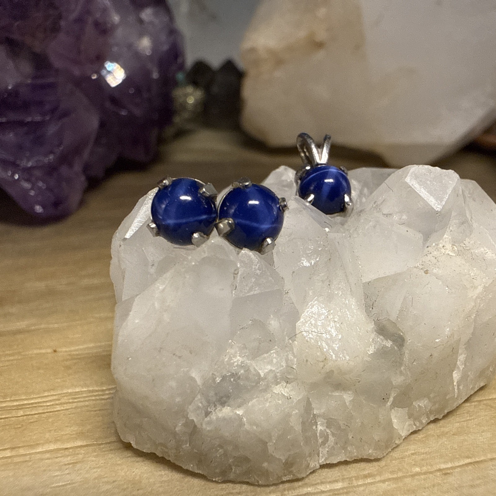 VTG 14K WHT GOLD Blue STAR SAPPHIRE Pendant Earring Set No Backs AN1225-86 EX