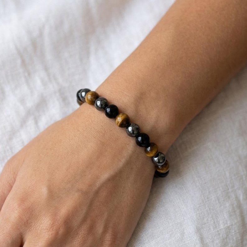 Triple Protection Bracelet with Tiger Eye, Hematite & Black Onyx | Stretch Beads
