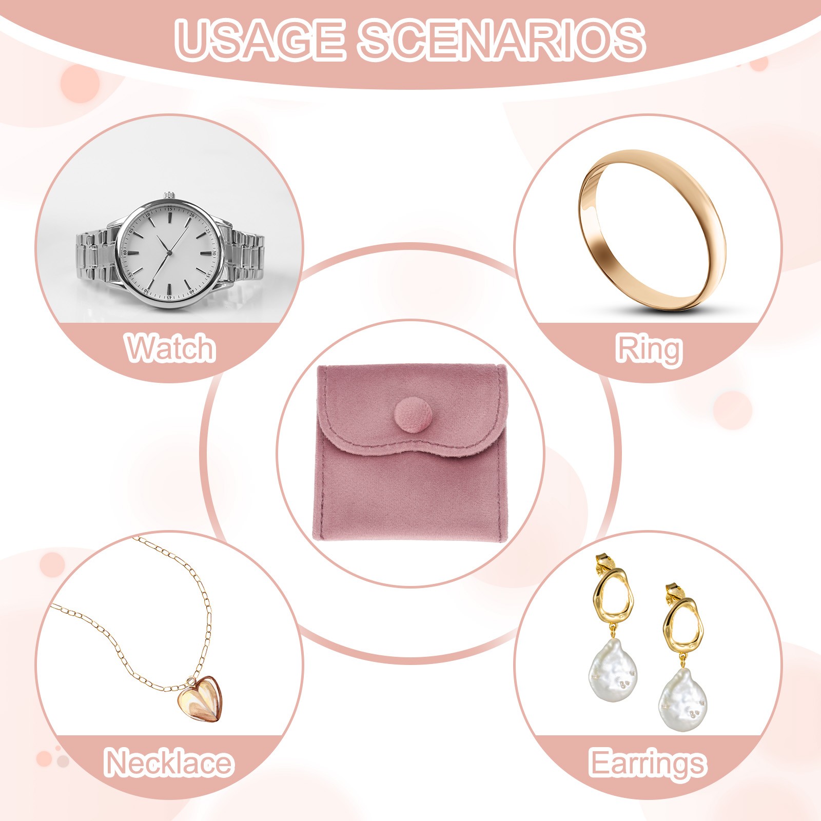 6 Pcs Velvet Jewelry Pouches Gift Bag with Snap Button (3″x3″/4″x4″/4″x5″) Pink