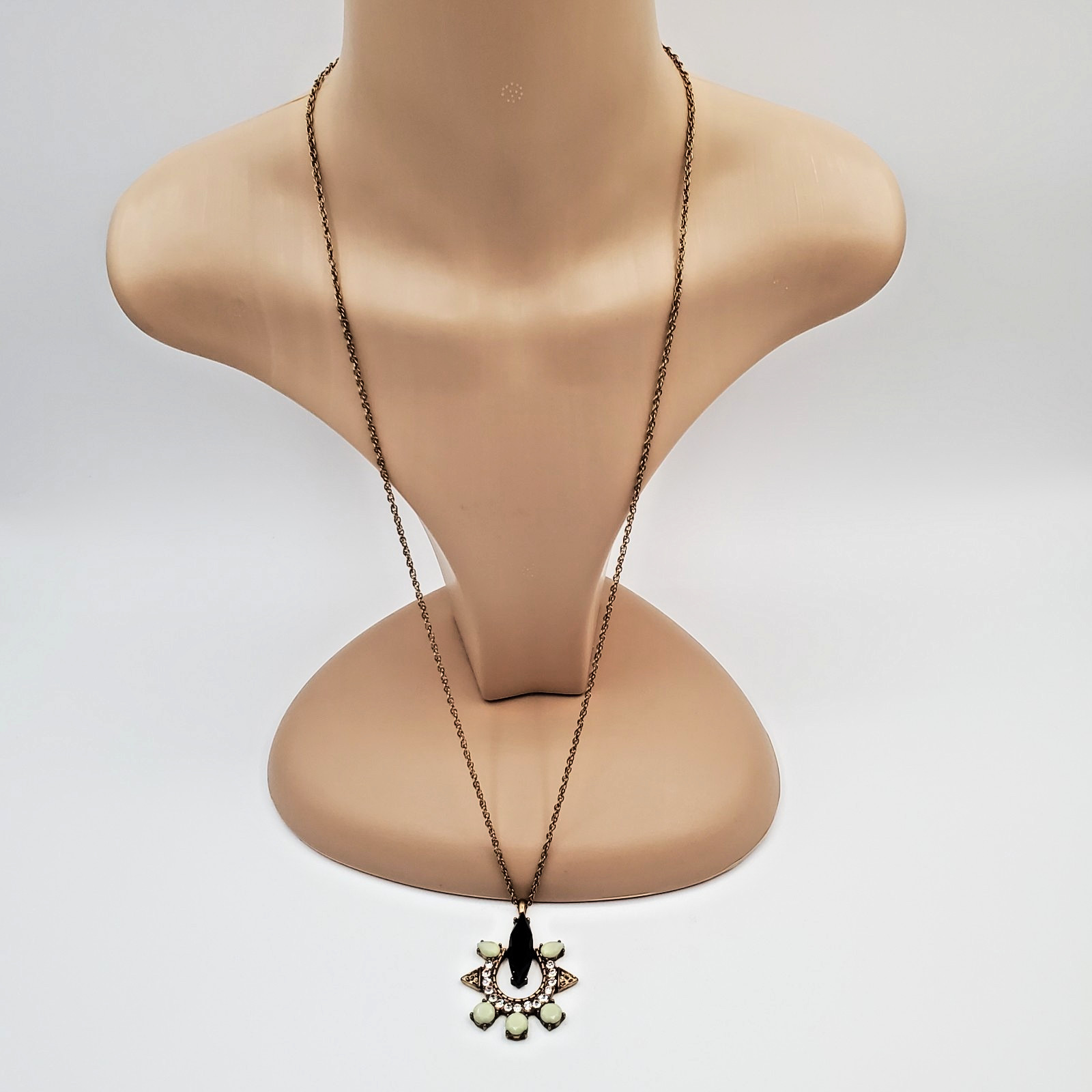 VTG Crystal Necklace Long 32in Gold Tone Rope Black Marquise Round Green Glass
