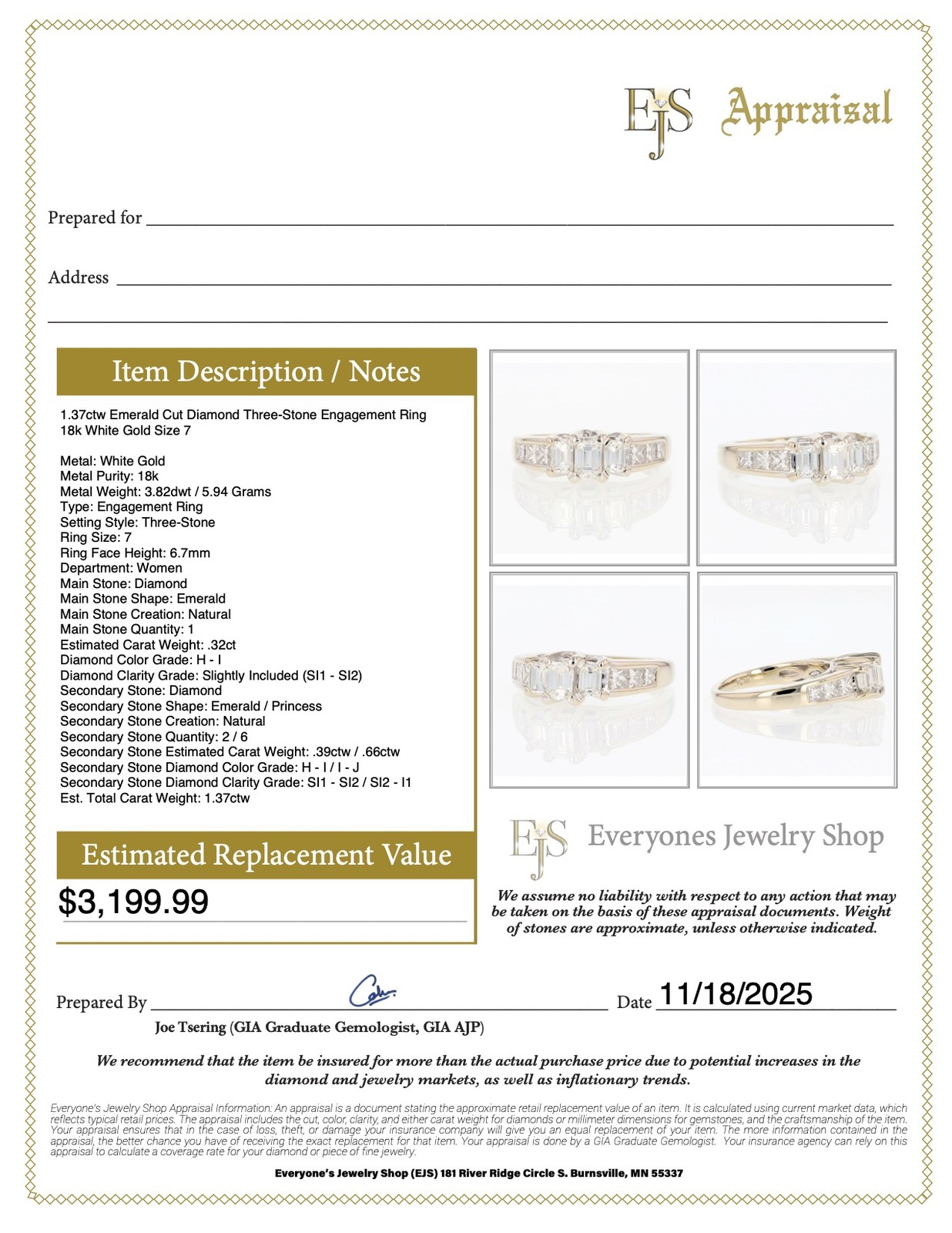 1.37ctw Emerald Cut Diamond Three-Stone Engagement Ring 18k White Gold Size 7