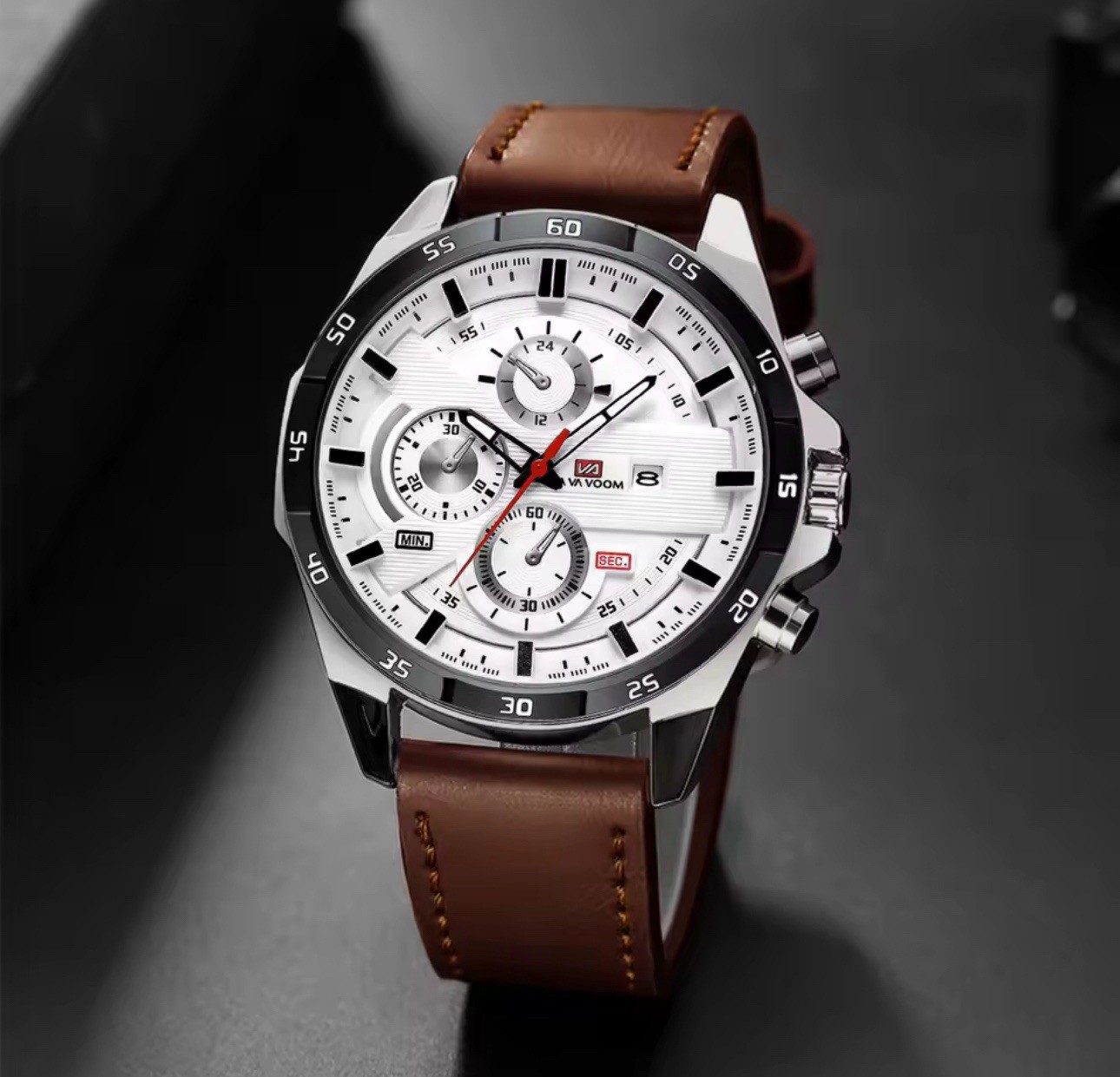 VAVOOM Men’s Quartz Chronograph Watch Date Analog 44-47.9mm Leather/SS