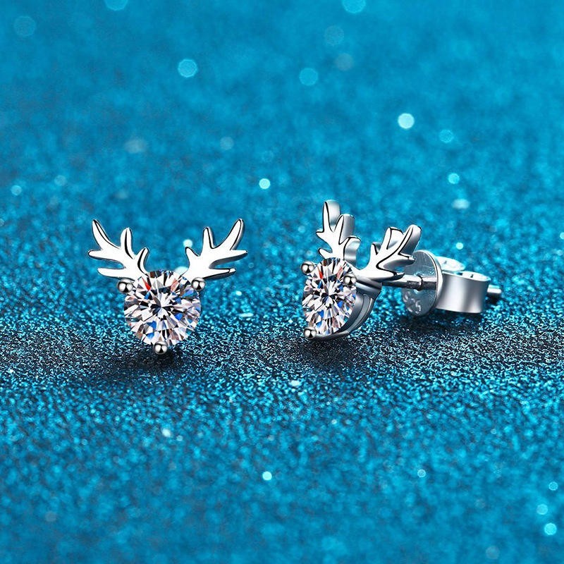 925 Sterling Silver Reindeer Stud Earrings Moissanite Deer Christmas Gift Women
