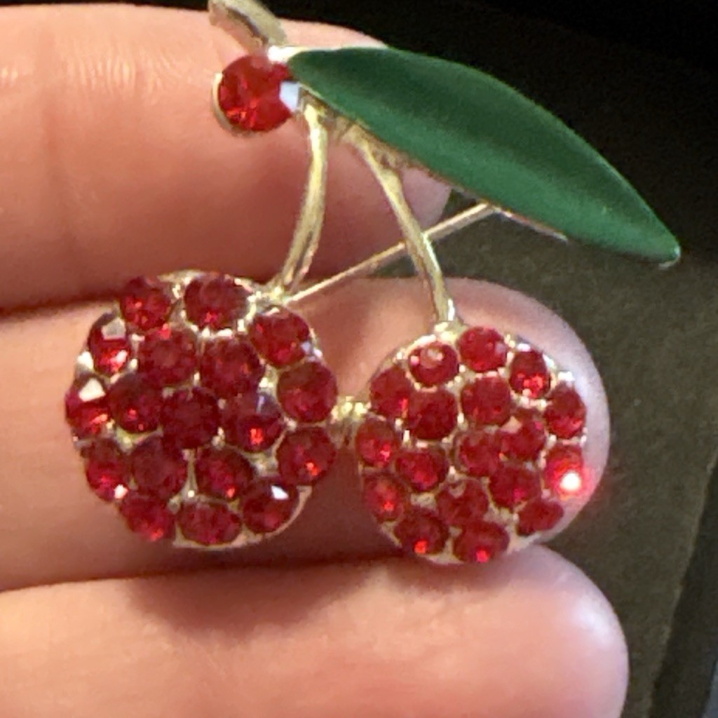 Cherry Brooch Pin Red Round Rhinestone Enamel Green Leaf Gold Tone Cluster