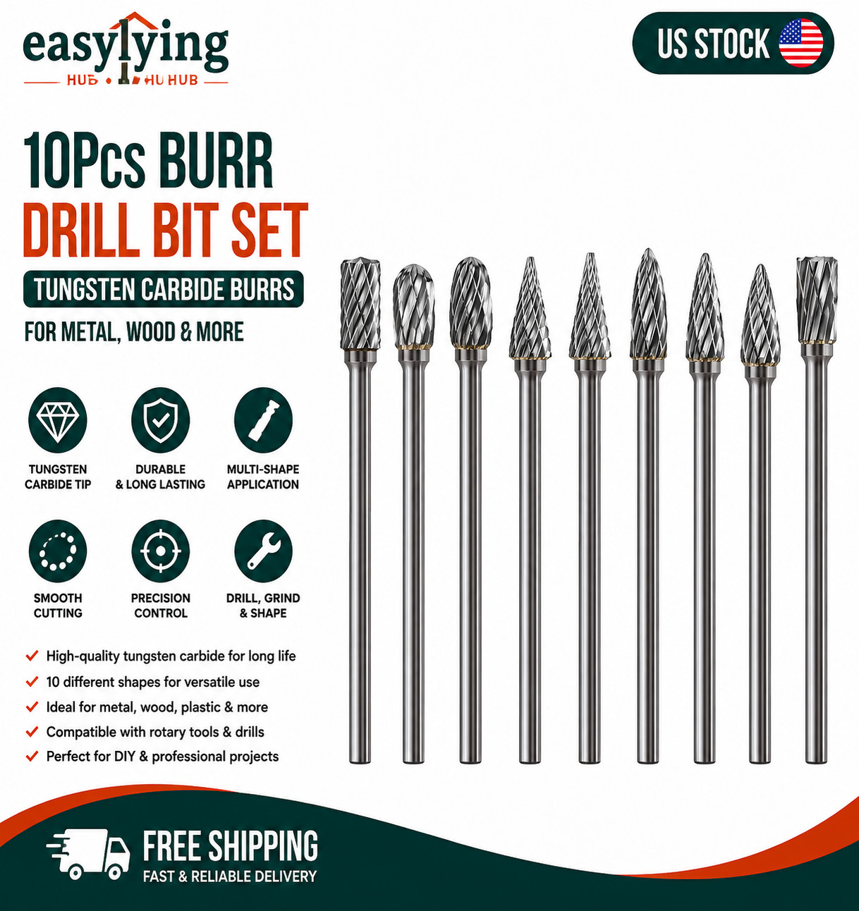 10 Pcs 1/8″ Long Shaft Tungsten Carbide Burrs Set Kit Bits 4.5″ Shank…