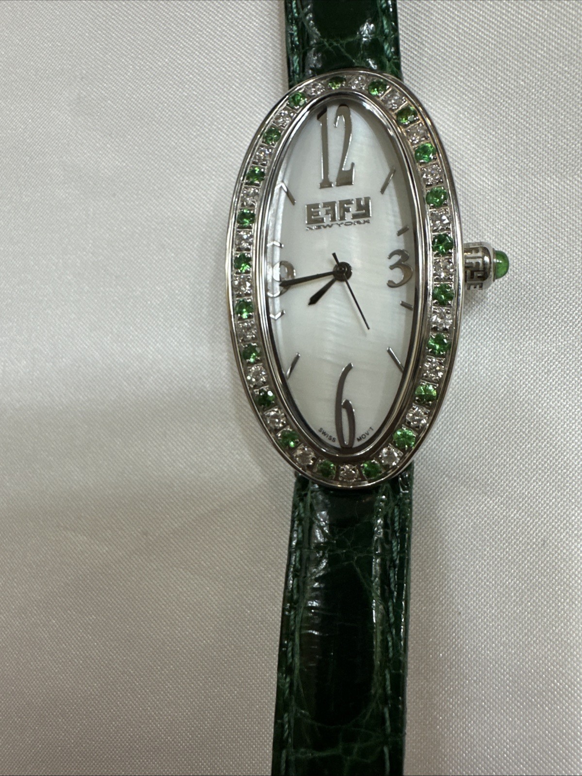 Effy Diamond & Tsavorite 1.78 Ct Swiss Quartz Ladies Watch Green Crocodile Strap