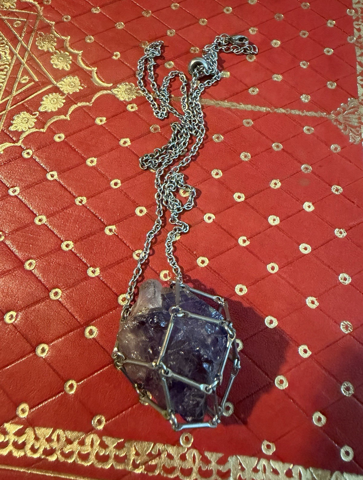 Silver Tone Cable Chain Necklace, Cage Pendant, Rough Purple Amethyst Stone